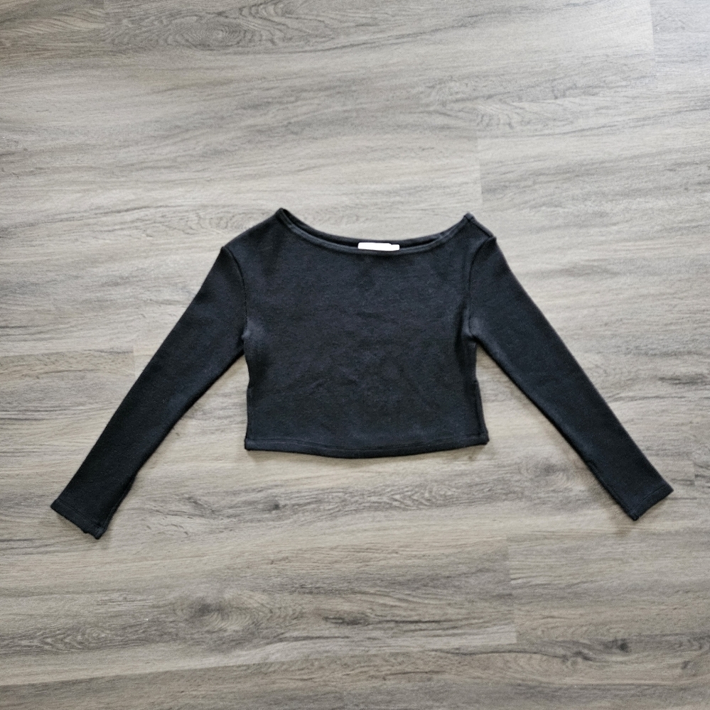 Jonathan Simkhai Standard Black Knit Ribbed Boatneck Cropped Sweater Size XSmall